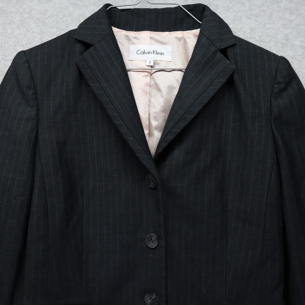 Calvin Klein Blazer Womens 2 3-Button Suit Jacket Coat Business Black Striped - Picture 2 of 10